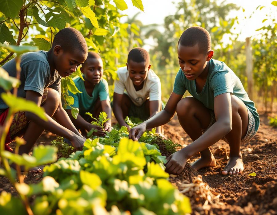Young people working together in a community garden