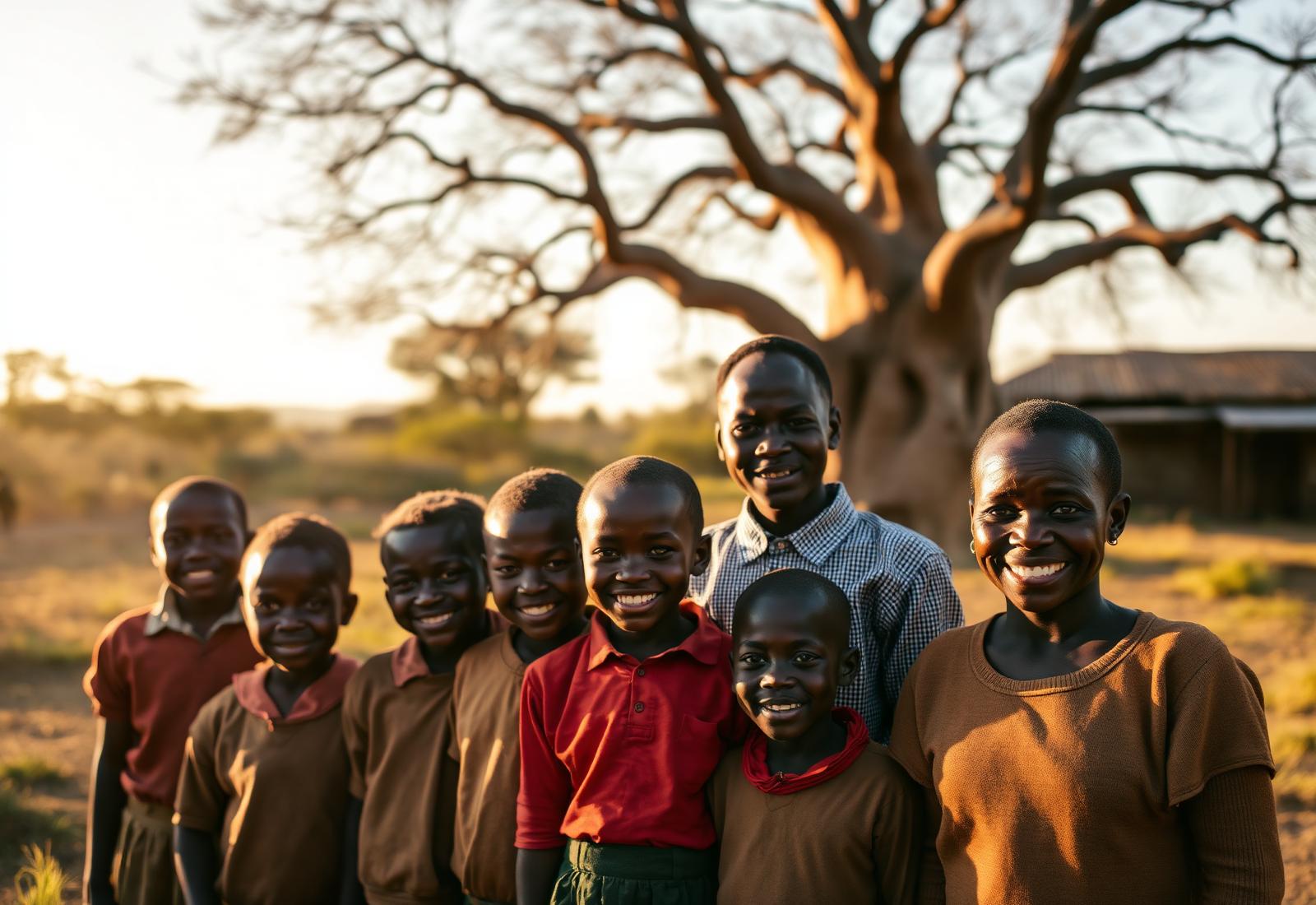 Children and a community leader gathered beneath a baobab tree at golden hour